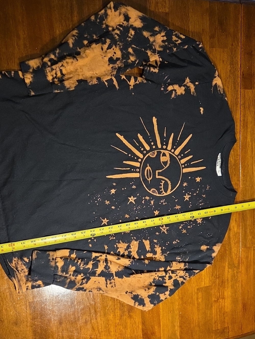 Bleached Black Graphic Long Sleeve Tee with Sun & Moon Print